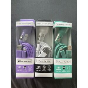 Wireless Gear 10ft LightningCable DualUSB Car Charger Lot of 3 Purple White Teal
